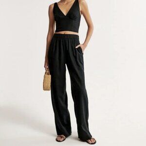 Abercrombie & Fitch Women's Linen-Blend Pull-On Pants Black XLR